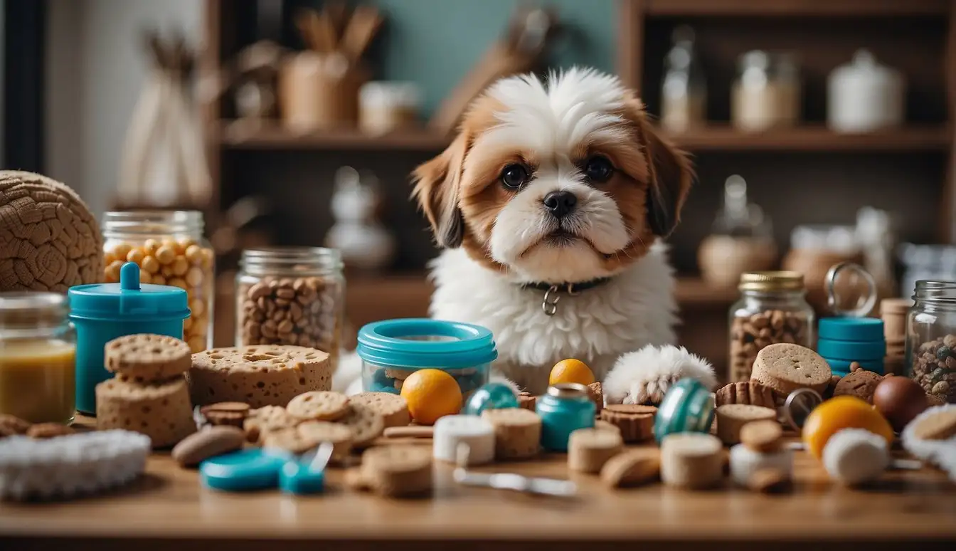 Pets surrounded by DIY pet care products, such as homemade treats, grooming tools, and toys, with a clear focus on their needs and well-being
