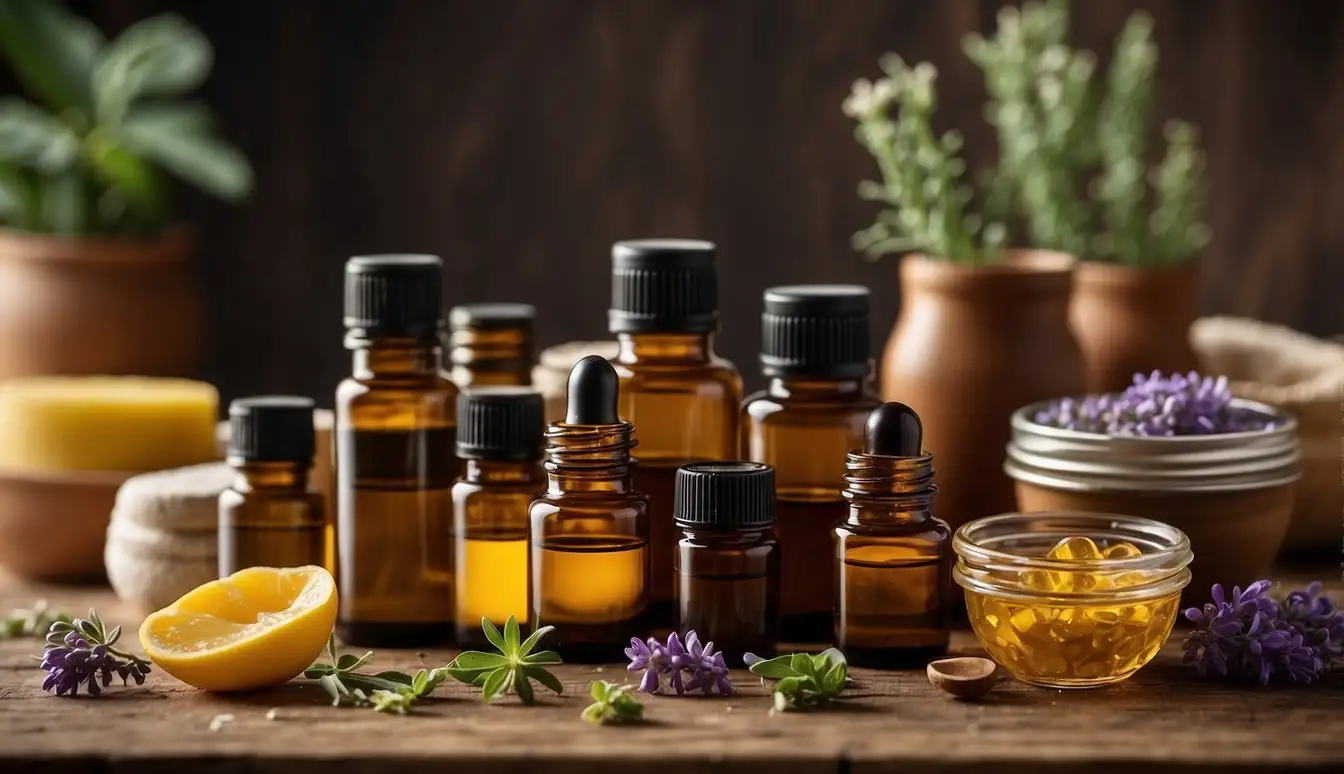 Various containers of essential oils, beeswax, and shea butter sit on a wooden table. Measuring spoons and a mixing bowl are nearby, ready for use in creating DIY pet care products