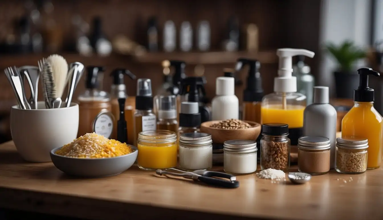 A table with various ingredients and containers, surrounded by tools and equipment for making grooming and pet care products