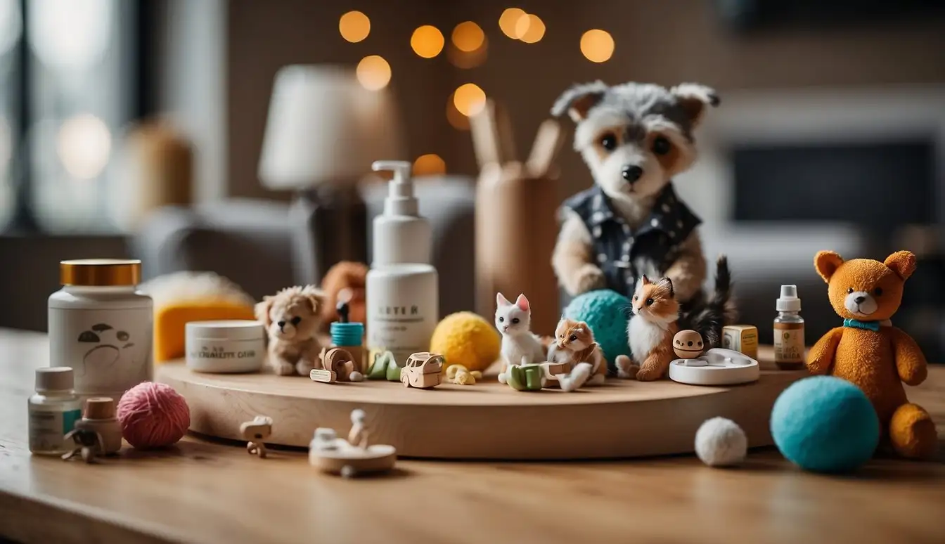 A table with homemade toys and DIY pet care products
