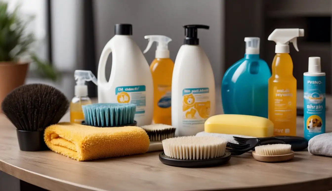 A table with various cleaning and maintenance DIY pet care products, including brushes, shampoos, and grooming tools