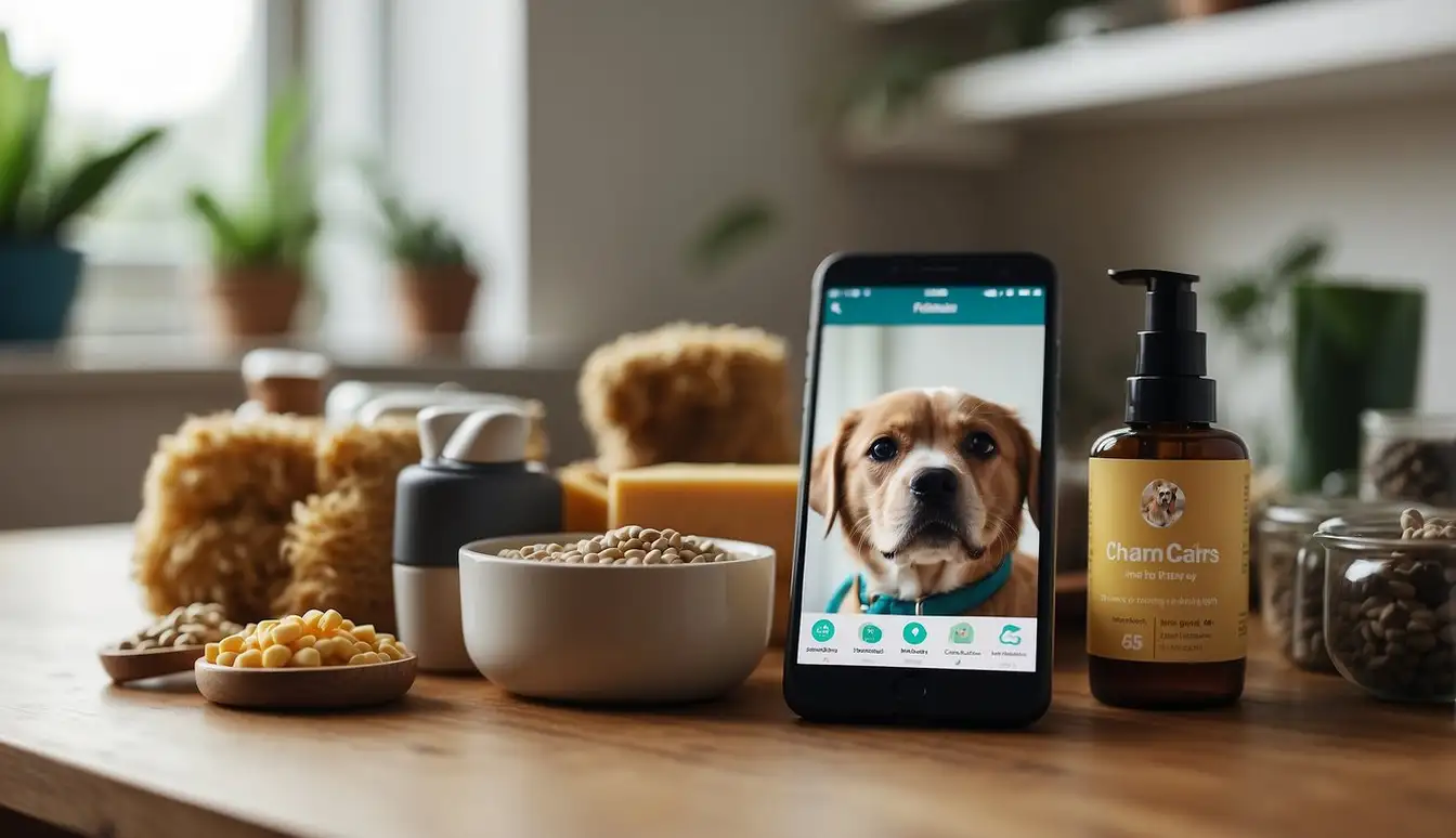 A smartphone displaying various pet care apps next to homemade pet care products like shampoos, treats, and toys