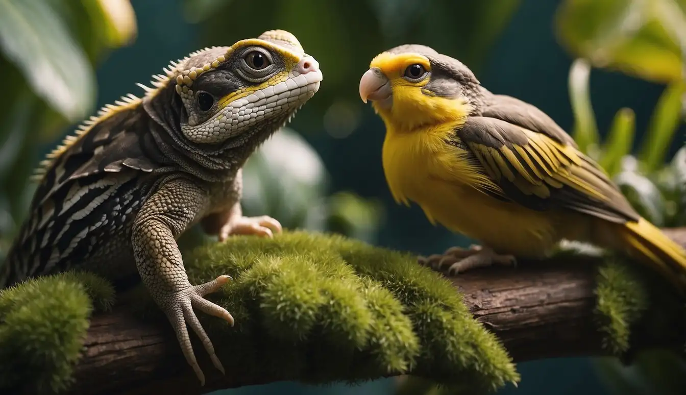 A variety of exotic pets in their habitats, including reptiles, birds, and small mammals, with appropriate care items and surroundings