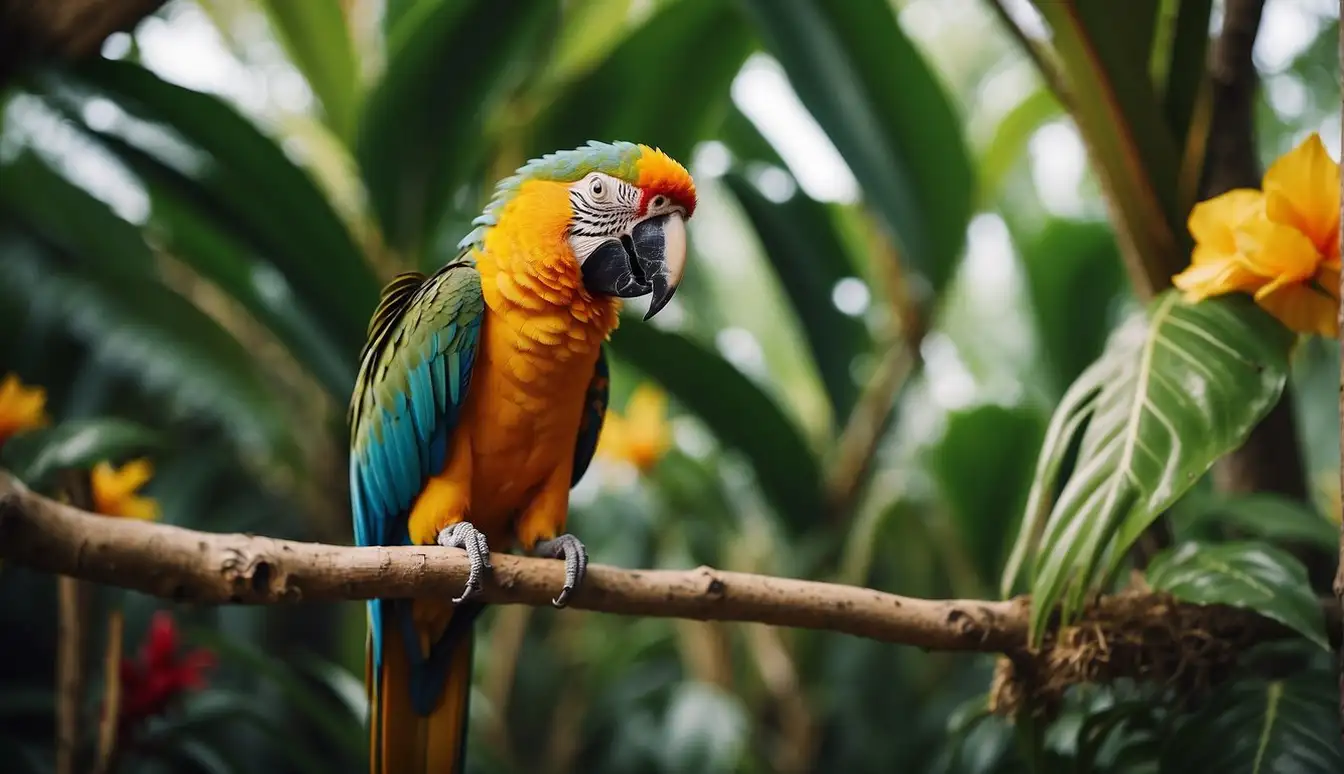 A colorful parrot perches on a branch, surrounded by vibrant tropical foliage and a variety of exotic pets in their habitats