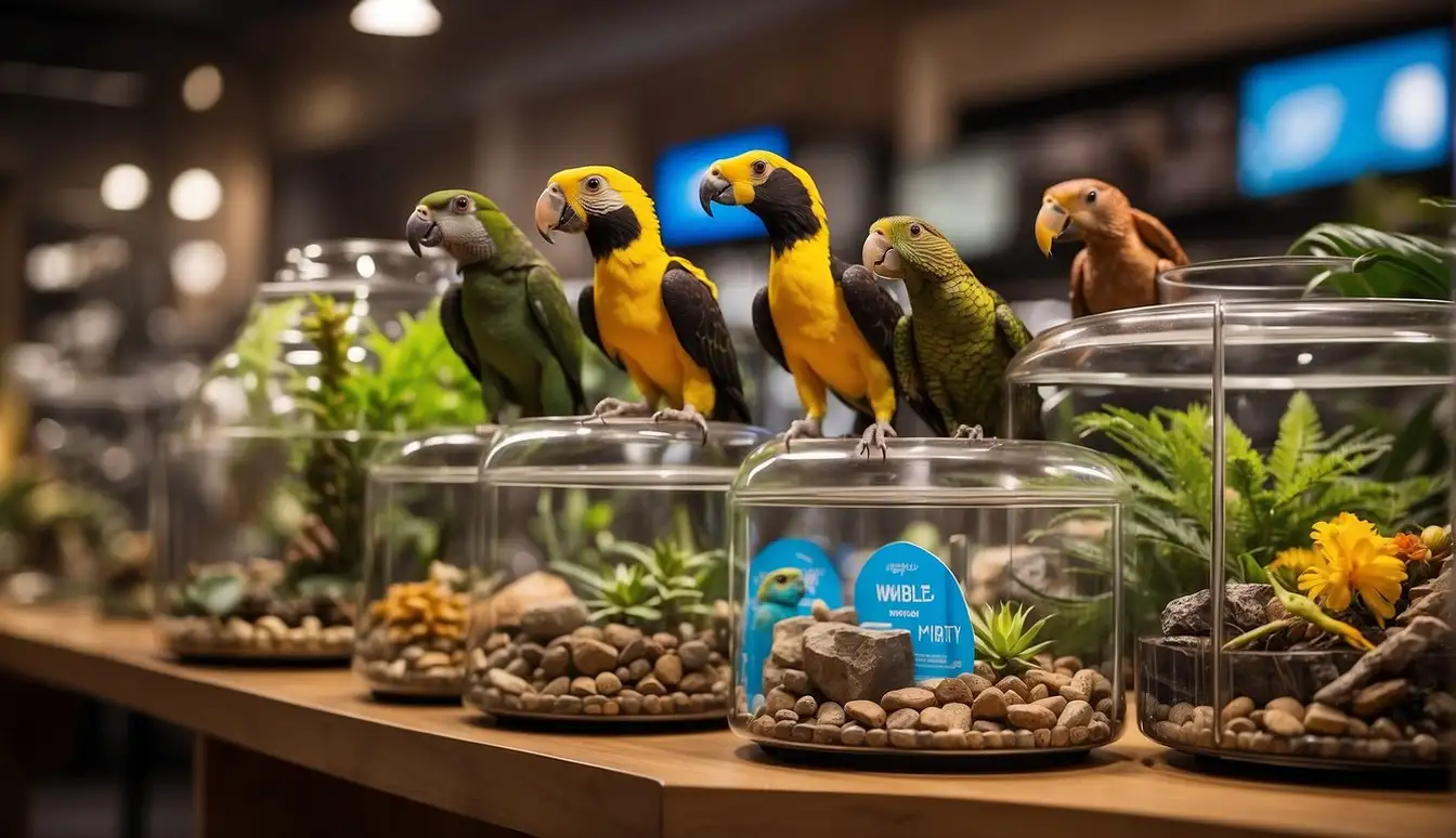 A colorful array of exotic pets, including reptiles, birds, and small mammals, are displayed in individual habitats. Care supplies and information pamphlets are neatly arranged nearby