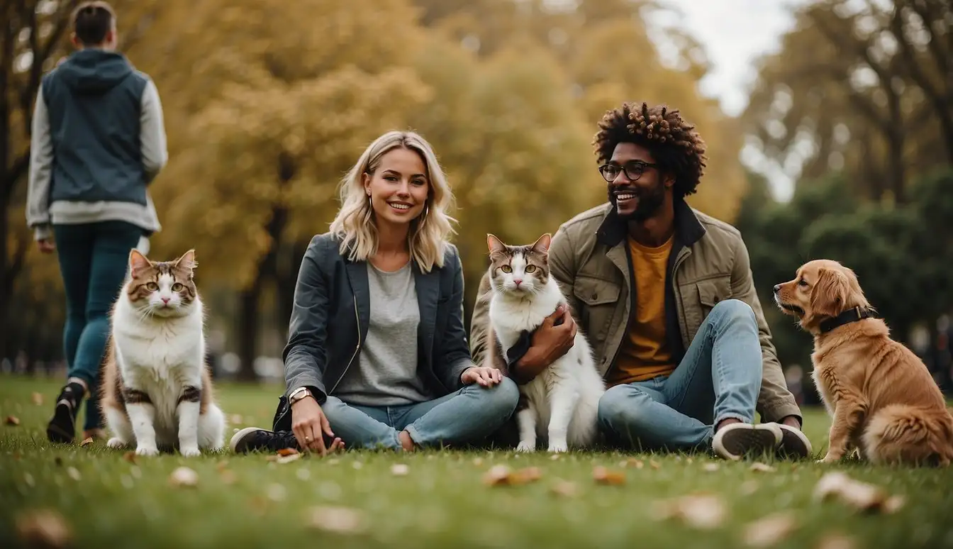 A diverse group of pet lovers gather in a park, chatting and playing with their furry companions. Some are walking dogs, others are cuddling cats, and a few are admiring exotic birds