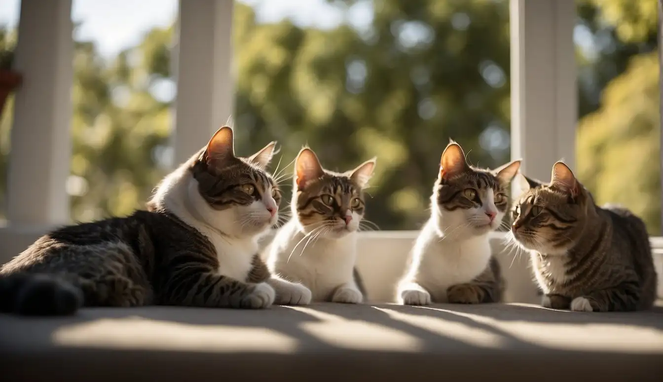 Pets playing in a park, owners chatting, and a dog training class in session. A group of cats lounging in a sunny window, while a birdwatching club observes exotic birds