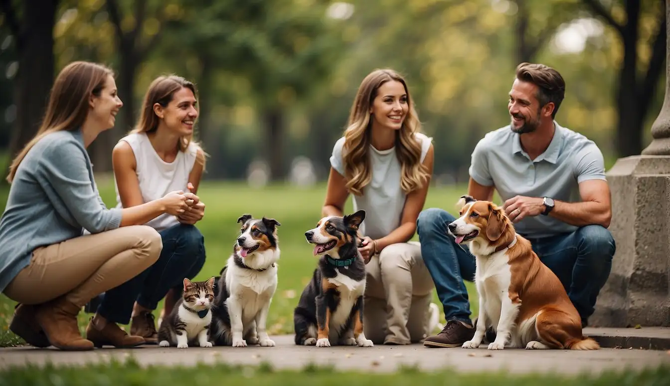 A group of pets gather in a park, interacting with each other while their owners chat and exchange pet care tips