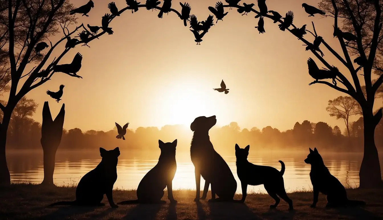 A circle of diverse animal silhouettes surrounds a central heart, symbolizing support and community for pet lovers dealing with loss