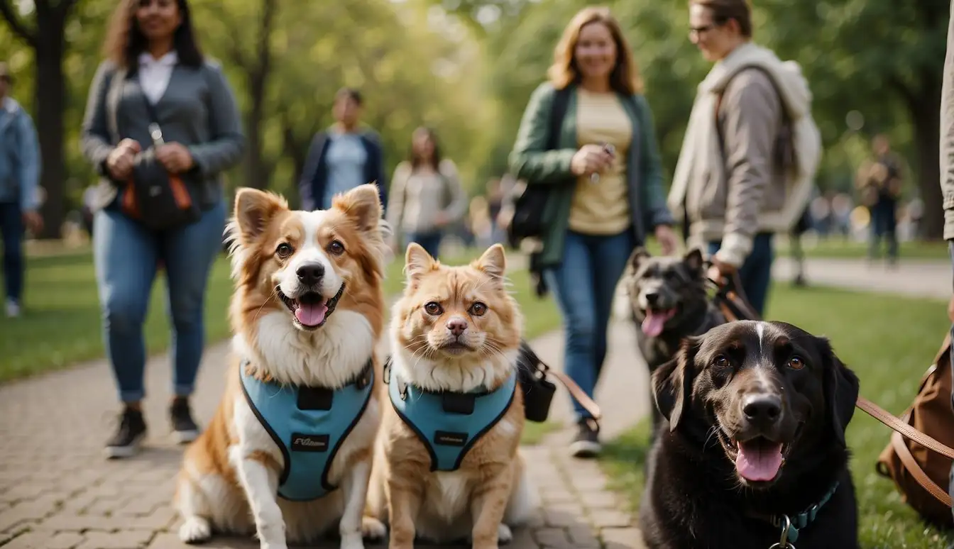 A diverse group of pet lovers gather in a park, with dogs on leashes and cats in carriers. They engage in educational activities and discussions about responsible pet ownership