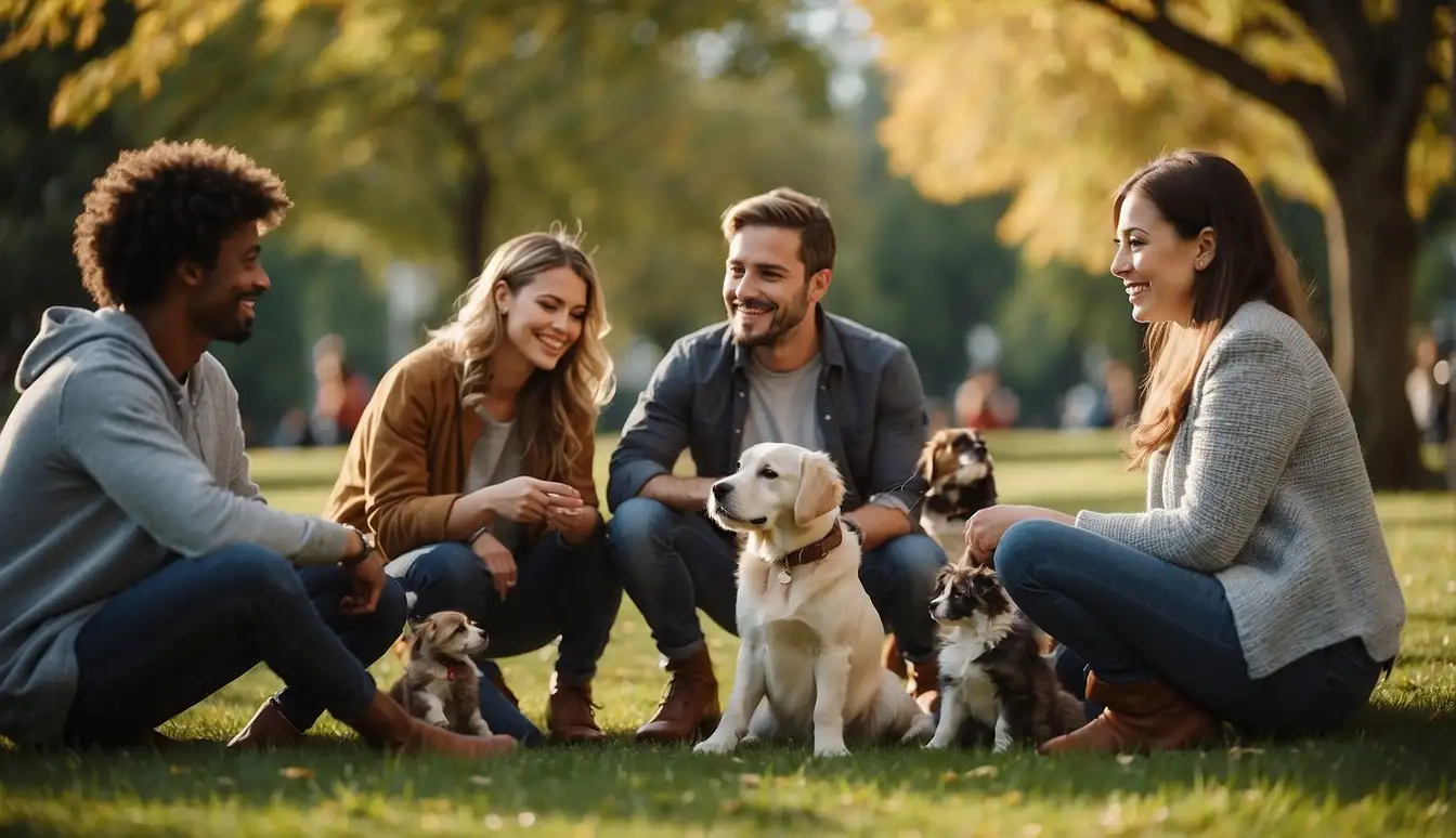 A group of pets and their owners gather in a park, chatting and playing with their furry friends. A sense of community and camaraderie is evident as the pets interact with each other