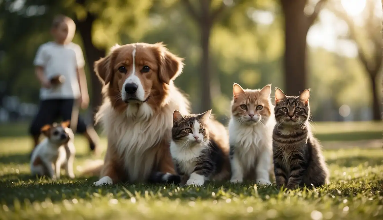 A group of pets of various species gather in a park, interacting and playing together under the watchful eye of their loving owners