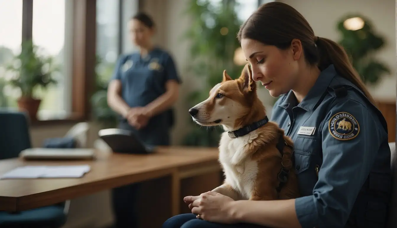 A therapy animal sits calmly beside a person, symbolizing legal rights and responsibilities. The animal wears a service vest, and the scene conveys a sense of support and companionship