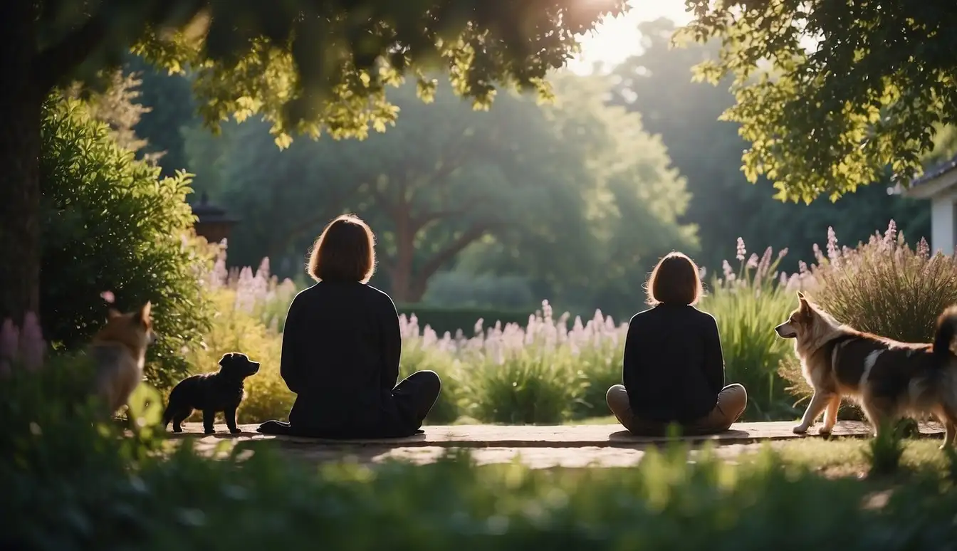 A serene garden with a person's silhouette sitting peacefully surrounded by therapy animals