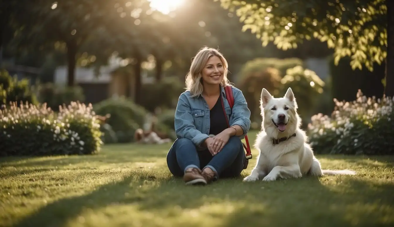 A person with a service dog, sitting peacefully in a garden surrounded by animals. The person is smiling and relaxed, while the animals are calm and content