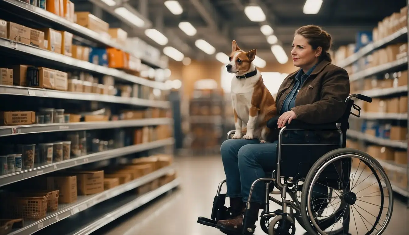 A person in a wheelchair is struggling to reach for an item on a high shelf, while their service animal stands ready to assist