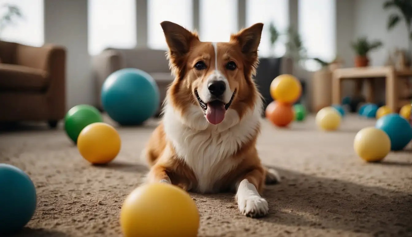 Dogs playing in a spacious, clean environment with plenty of toys and social interaction. A responsible breeder oversees the interactions, ensuring the well-being of the animals