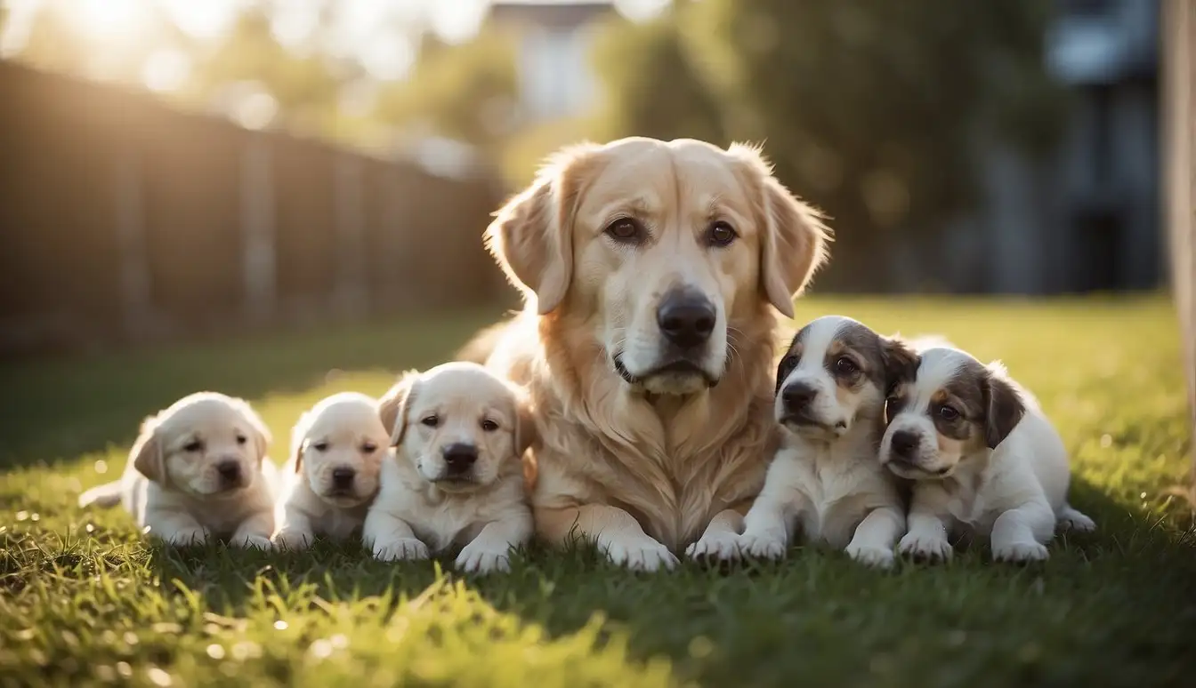 A happy, healthy dog nursing a litter of puppies in a clean and spacious environment, with clear signs of ethical breeding practices such as proper socialization and care for the mother