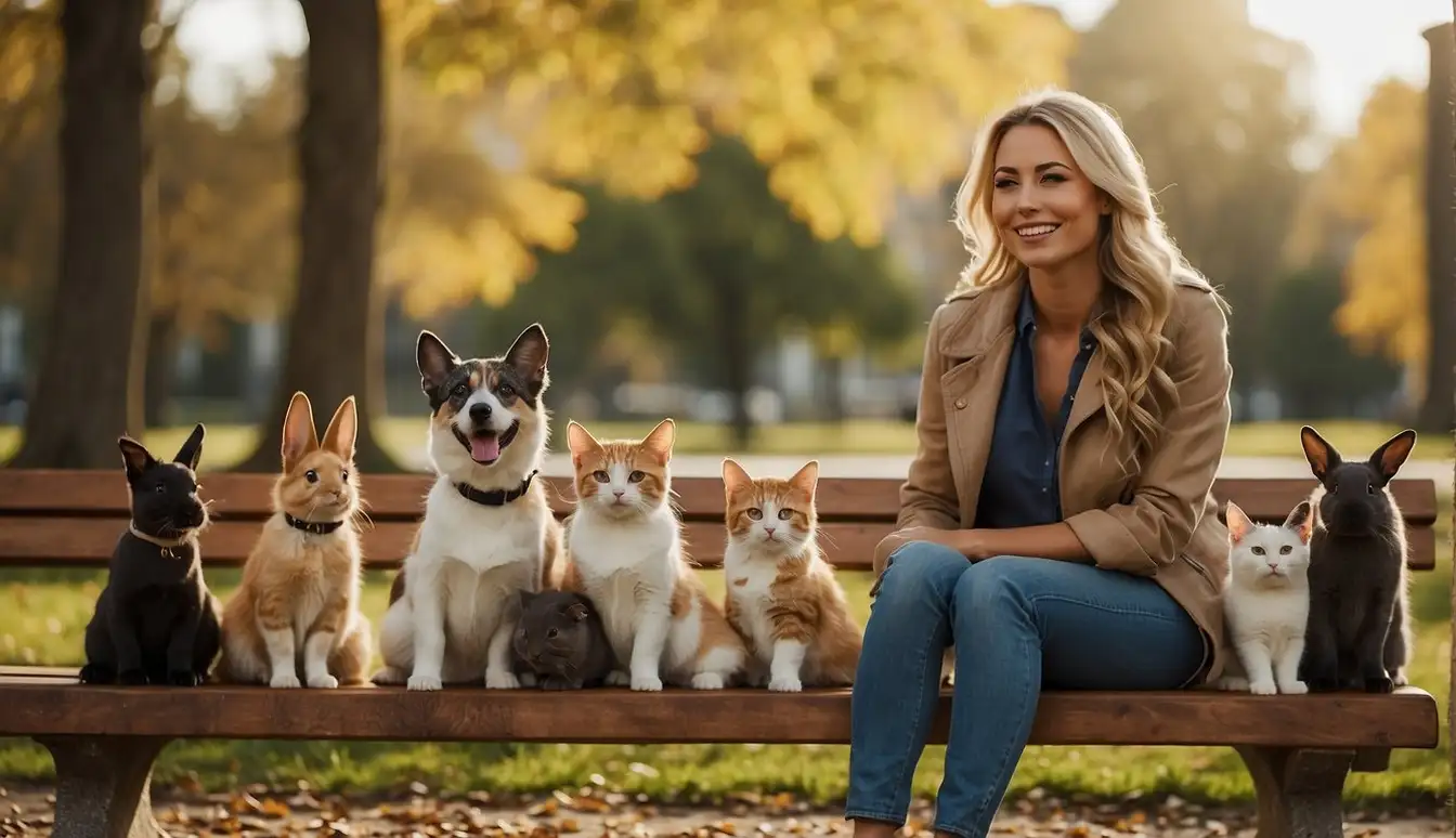 A person sitting on a park bench, surrounded by various pets - dogs, cats, birds, and rabbits. The person is smiling and petting the animals, conveying a sense of comfort and emotional connection