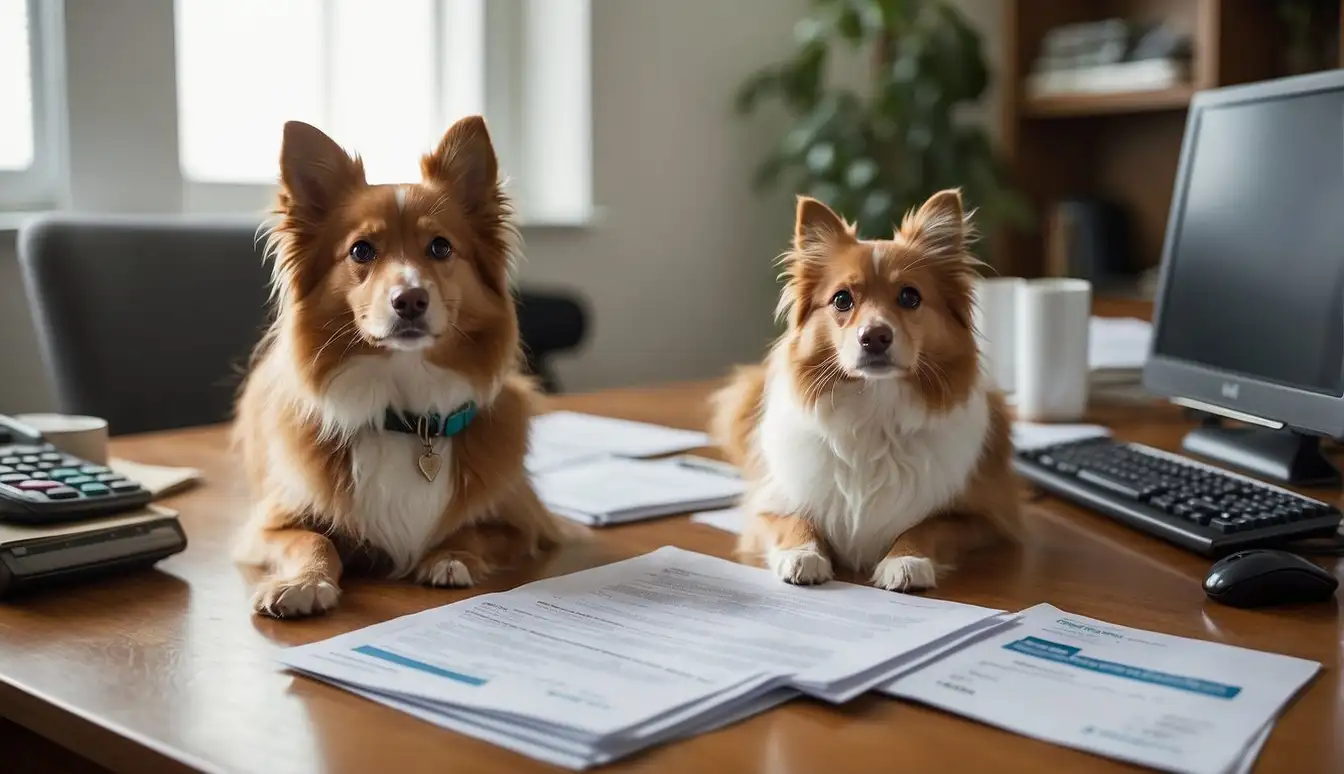 A pet owner sits at a desk, surrounded by financial documents and a calculator. A pet insurance brochure is open, emphasizing the importance of including pet health care costs in long-term financial planning