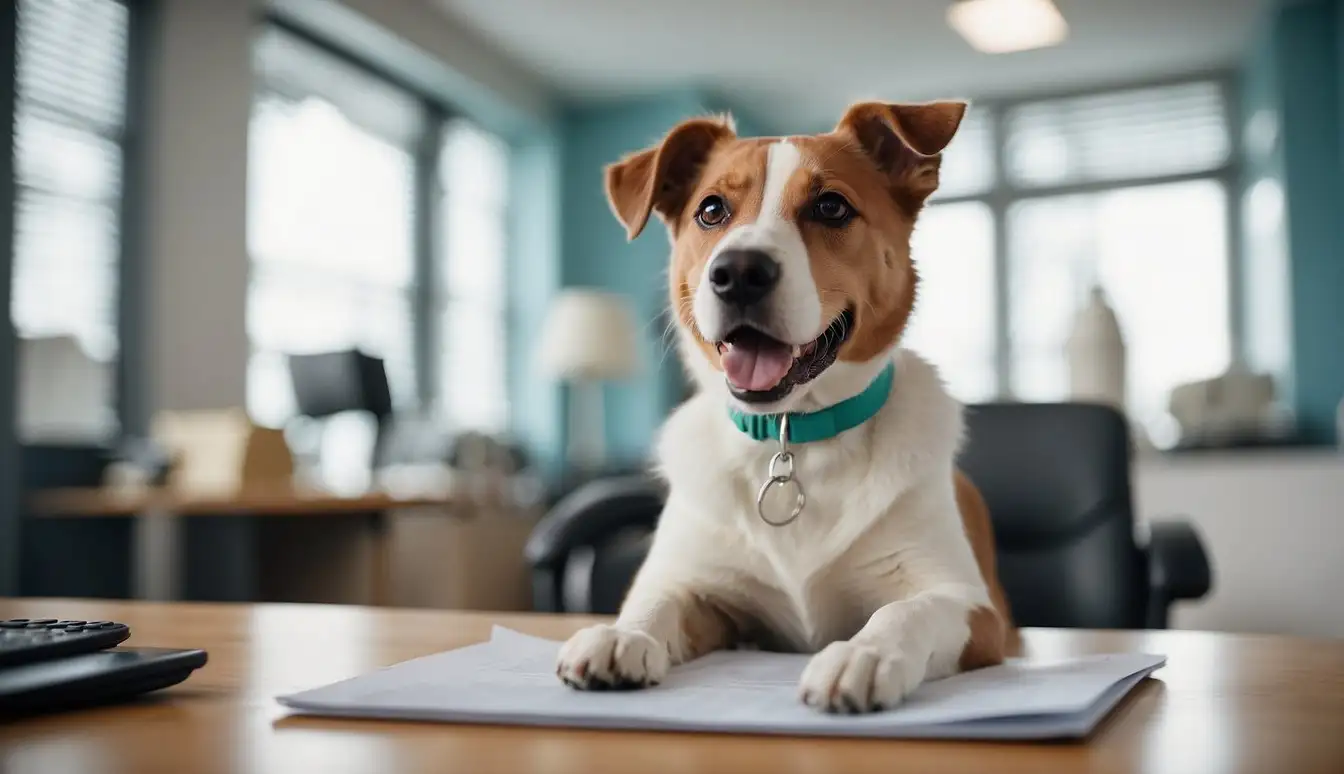 A happy, healthy pet with a bandage on its paw, surrounded by pet insurance policy documents and a vet's office in the background