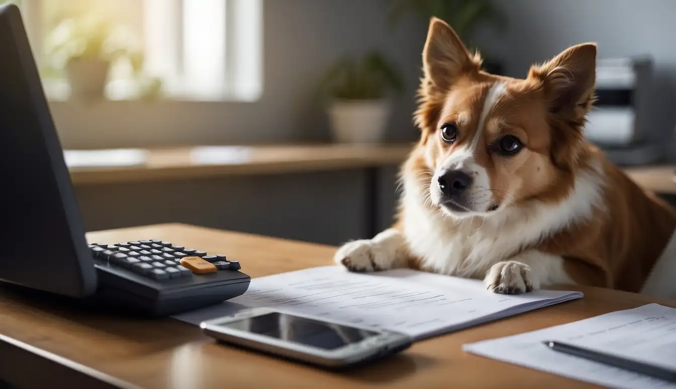 A pet owner sits at a desk, surrounded by paperwork and a calculator, carefully budgeting for their pet's long-term health care costs without the aid of pet insurance