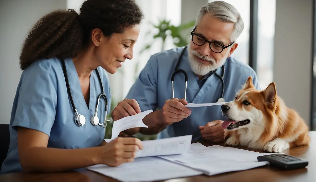 A pet owner reviewing financial documents with a veterinarian, discussing long-term health care costs and pet insurance options