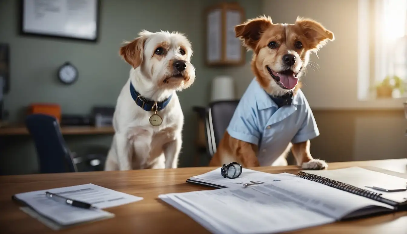 A happy, healthy pet surrounded by financial planning documents and a pet insurance policy, with a veterinarian providing care in the background