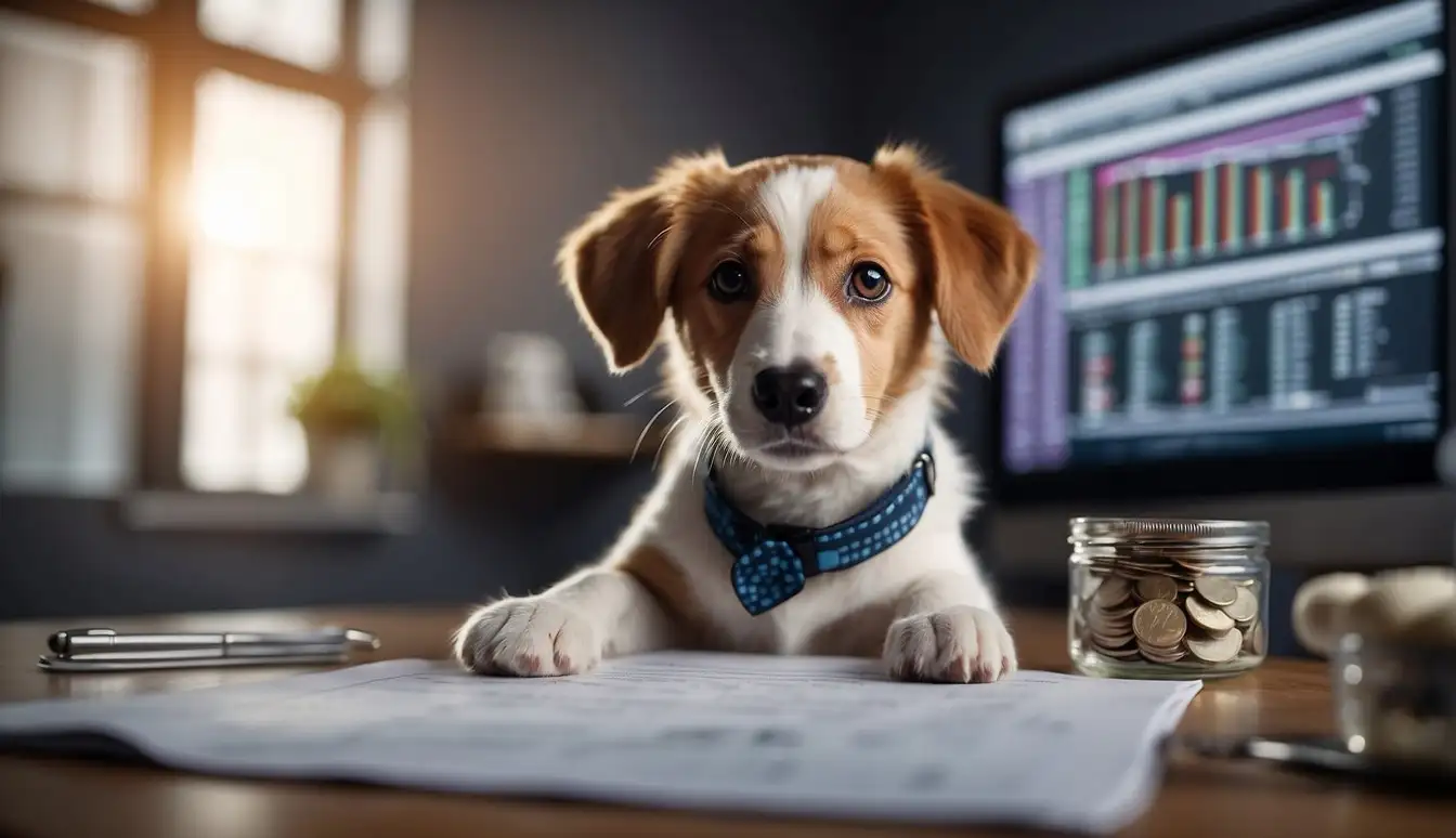 A happy, healthy pet with a paw print symbolizing pet insurance, surrounded by financial planning charts and graphs