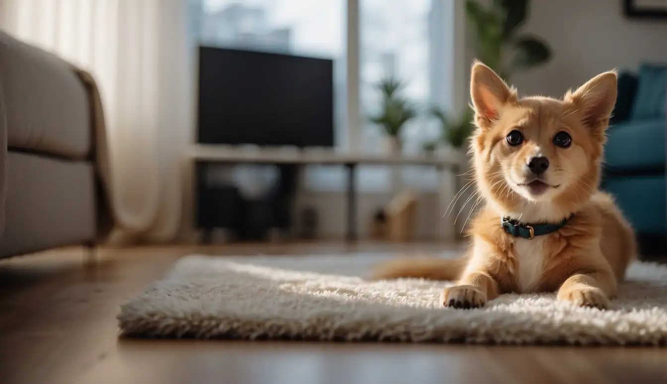 A happy, healthy pet with a shiny coat and bright eyes, playing in a safe and loving home, while a pet insurance plan is prominently displayed nearby