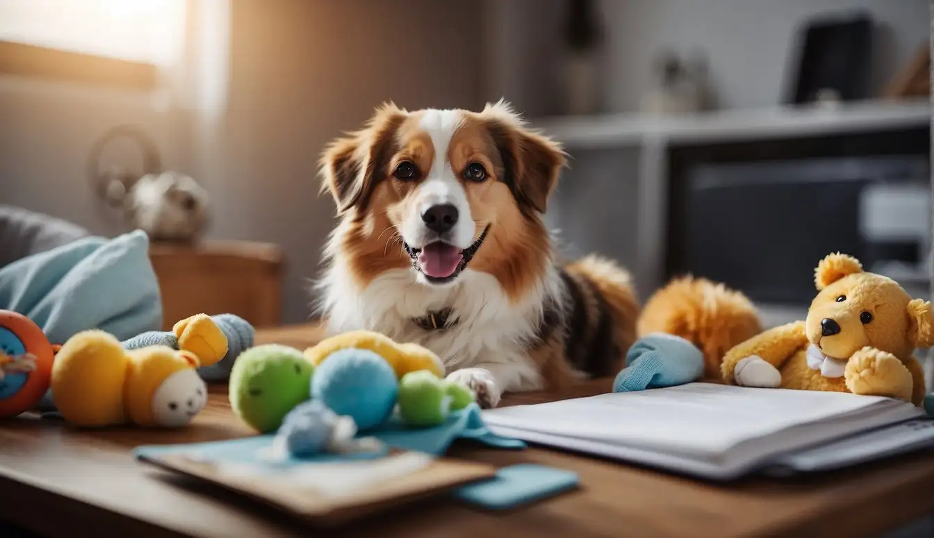 A happy, healthy pet with a vet and insurance paperwork, surrounded by toys and a cozy bed