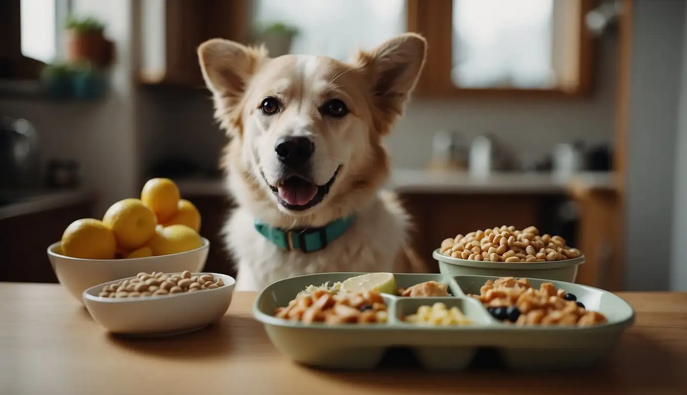 A senior dog or cat eating a balanced diet from a pet bowl, surrounded by healthy food options and a water dish