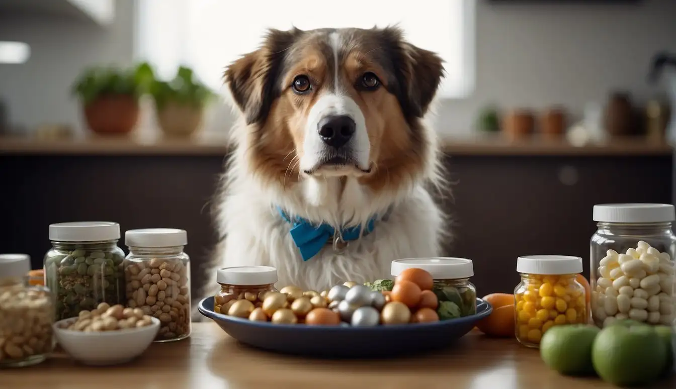 A senior dog or cat surrounded by various supplements and nutrient-rich foods, with a bowl of water nearby. The pet looks healthy and content, with a bright and shiny coat