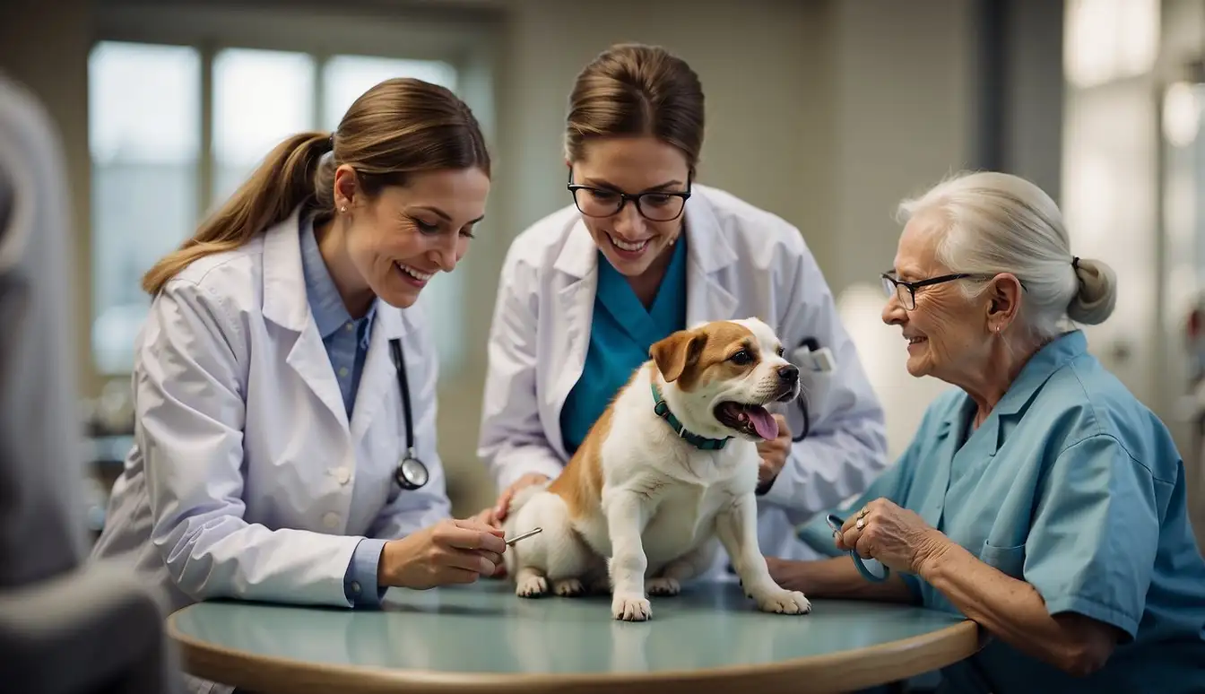 A group of veterinary professionals surrounds an elderly pet, discussing the best nutrition plan and regular check-ups for senior animals
