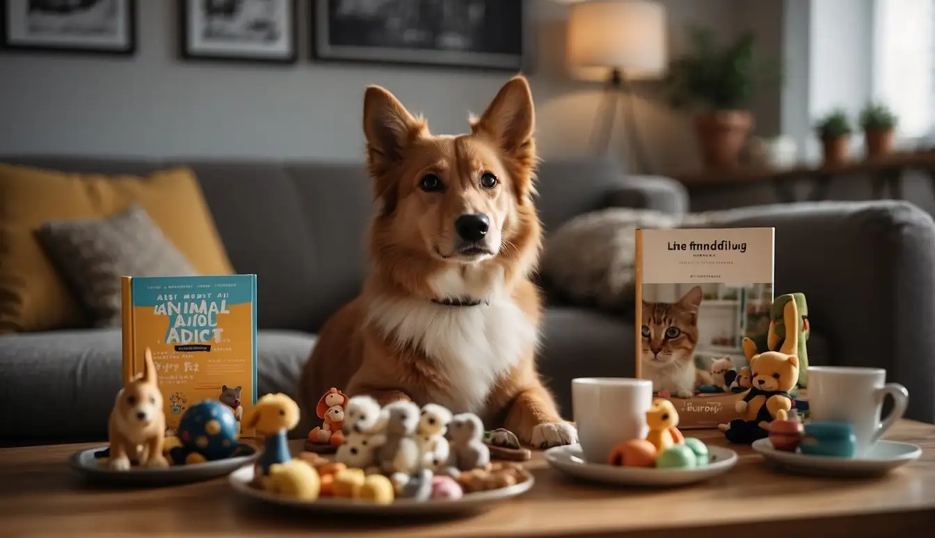 A dog and a cat sit in a cozy living room, surrounded by toys and food dishes. A book titled "Understanding the Animal Welfare Act" is open on the coffee table