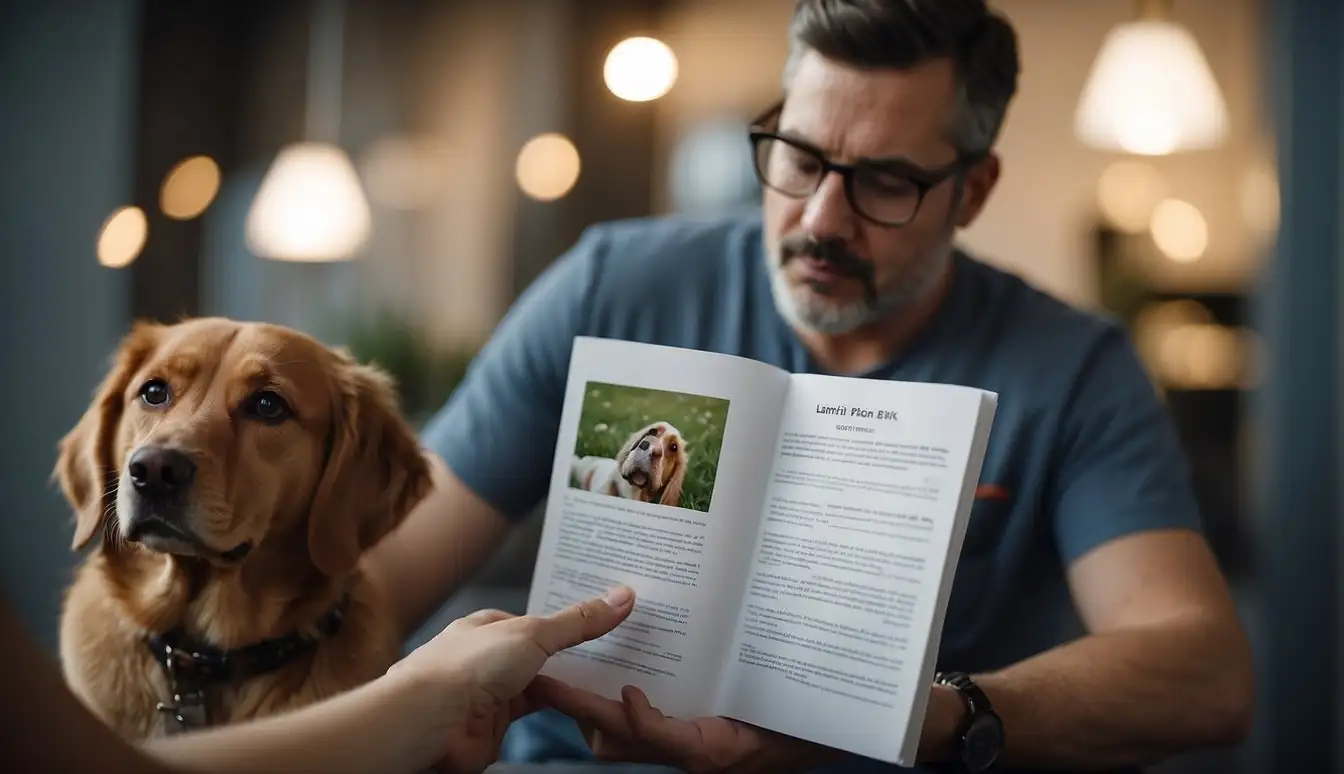 A pet owner reads a booklet on animal welfare acts, while a regulatory official observes a pet in a comfortable environment