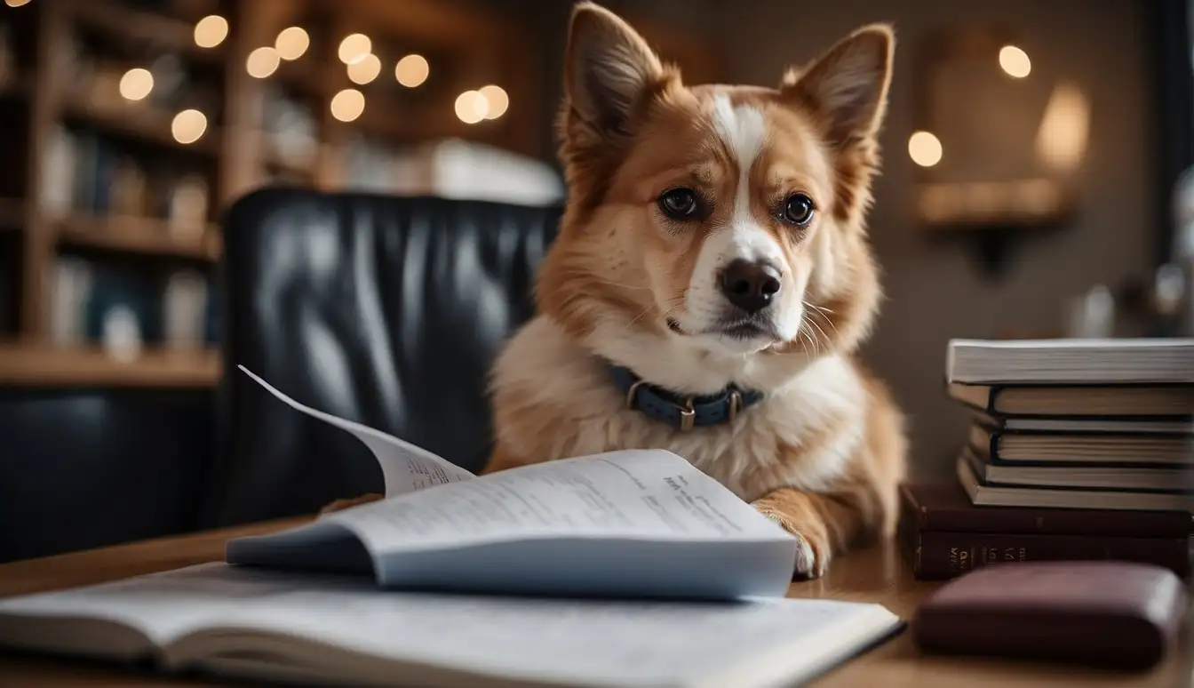 A pet owner reading and studying animal welfare acts and compliance procedures, surrounded by relevant documents and resources