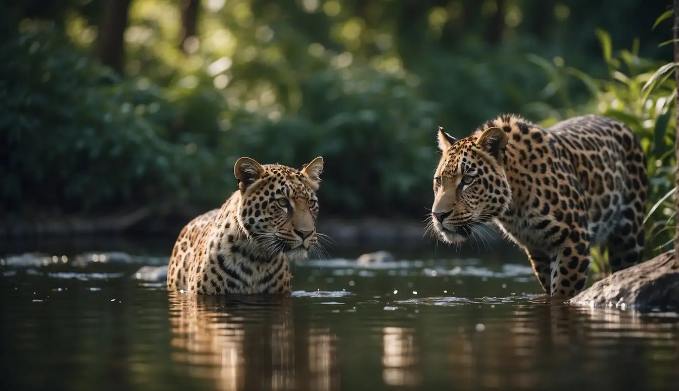 Animals in a diverse natural habitat, with signs of protection and care, surrounded by lush vegetation and clear waterways