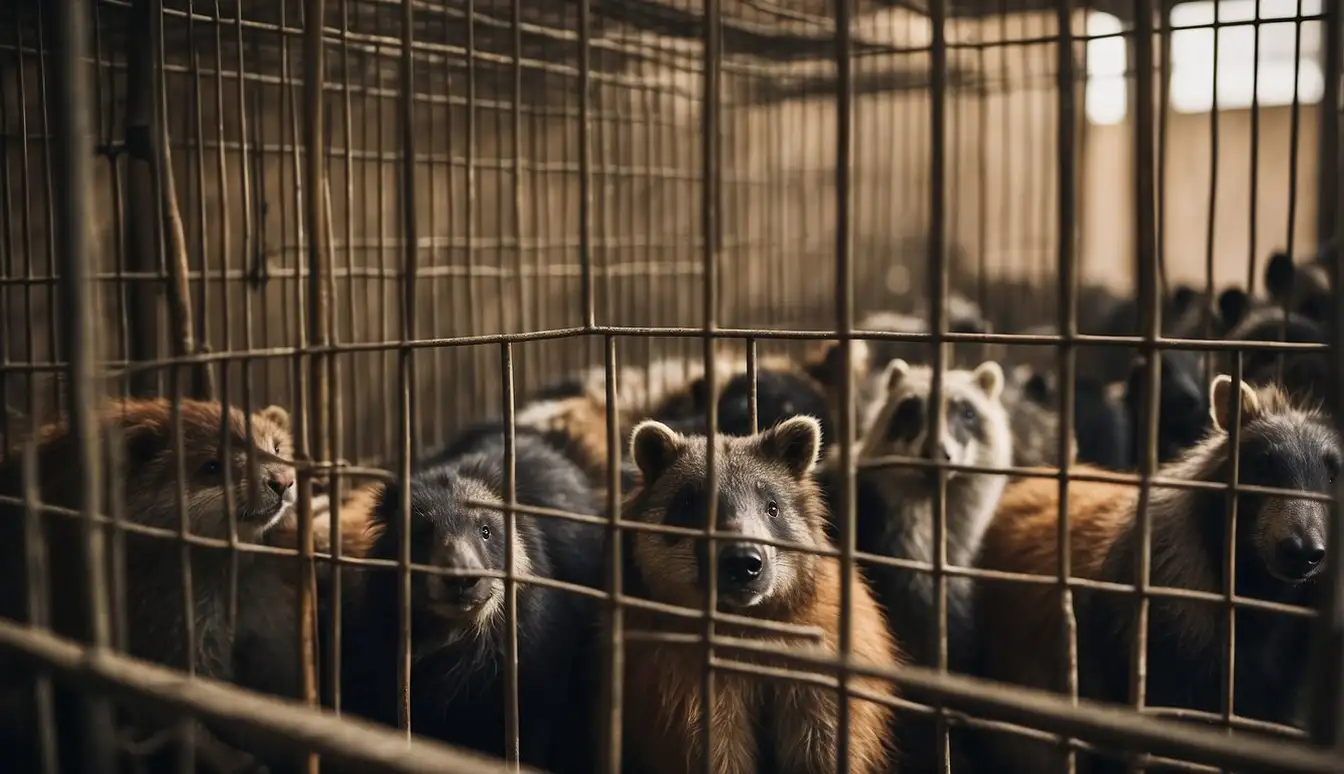 Animals in cages with signs of neglect, surrounded by legal documents and reporting forms