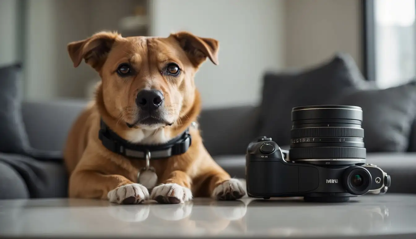 A camera, tripod, and various pet props arranged on a clean, well-lit surface. A playful pet, such as a dog or cat, sits or stands nearby, looking alert and engaged
