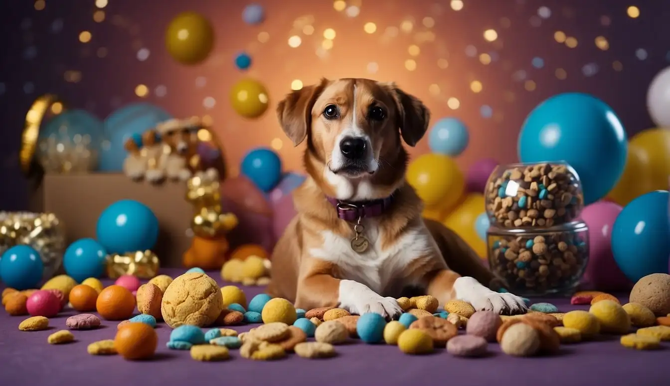 A dog sits on a colorful backdrop with props like toys and treats scattered around. A camera and lighting equipment are set up, ready for a pet photoshoot