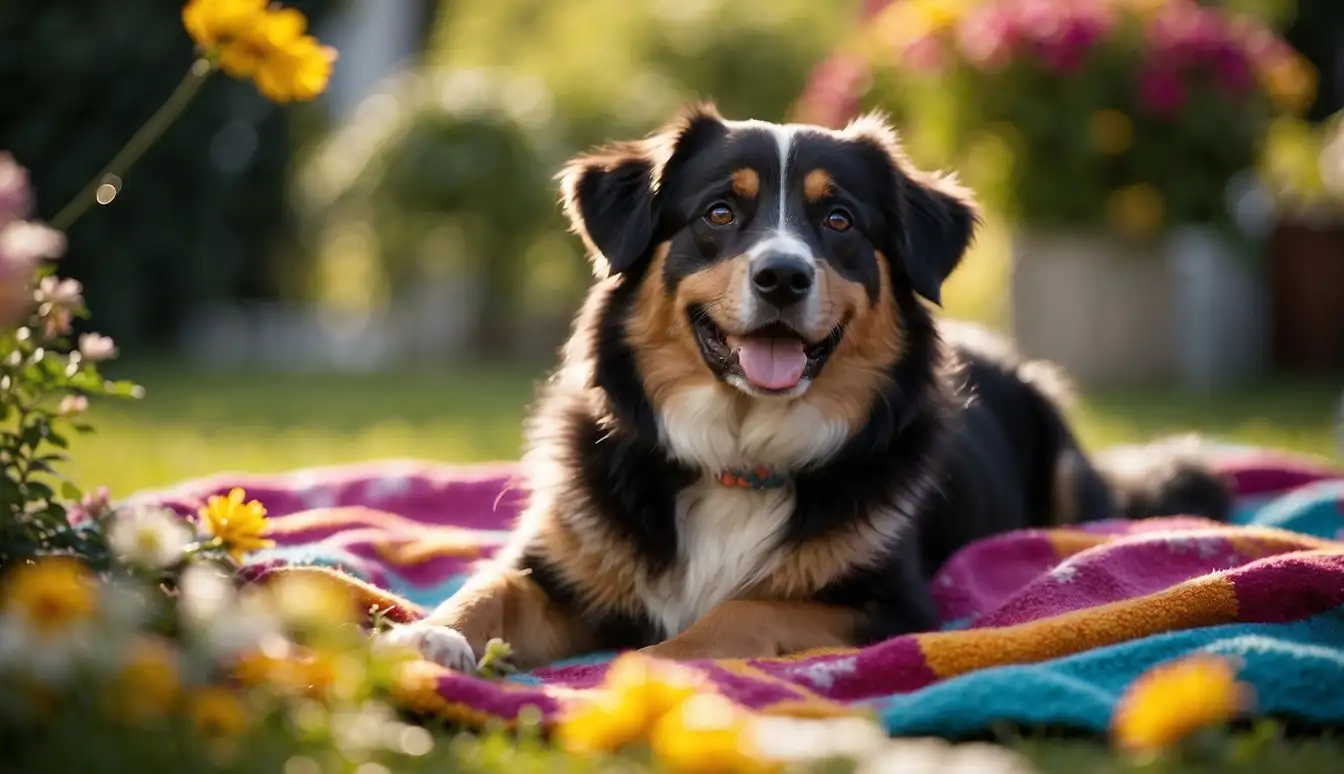 A dog sitting on a colorful blanket in a sunlit garden, surrounded by flowers and foliage, with a toy or treat in its mouth