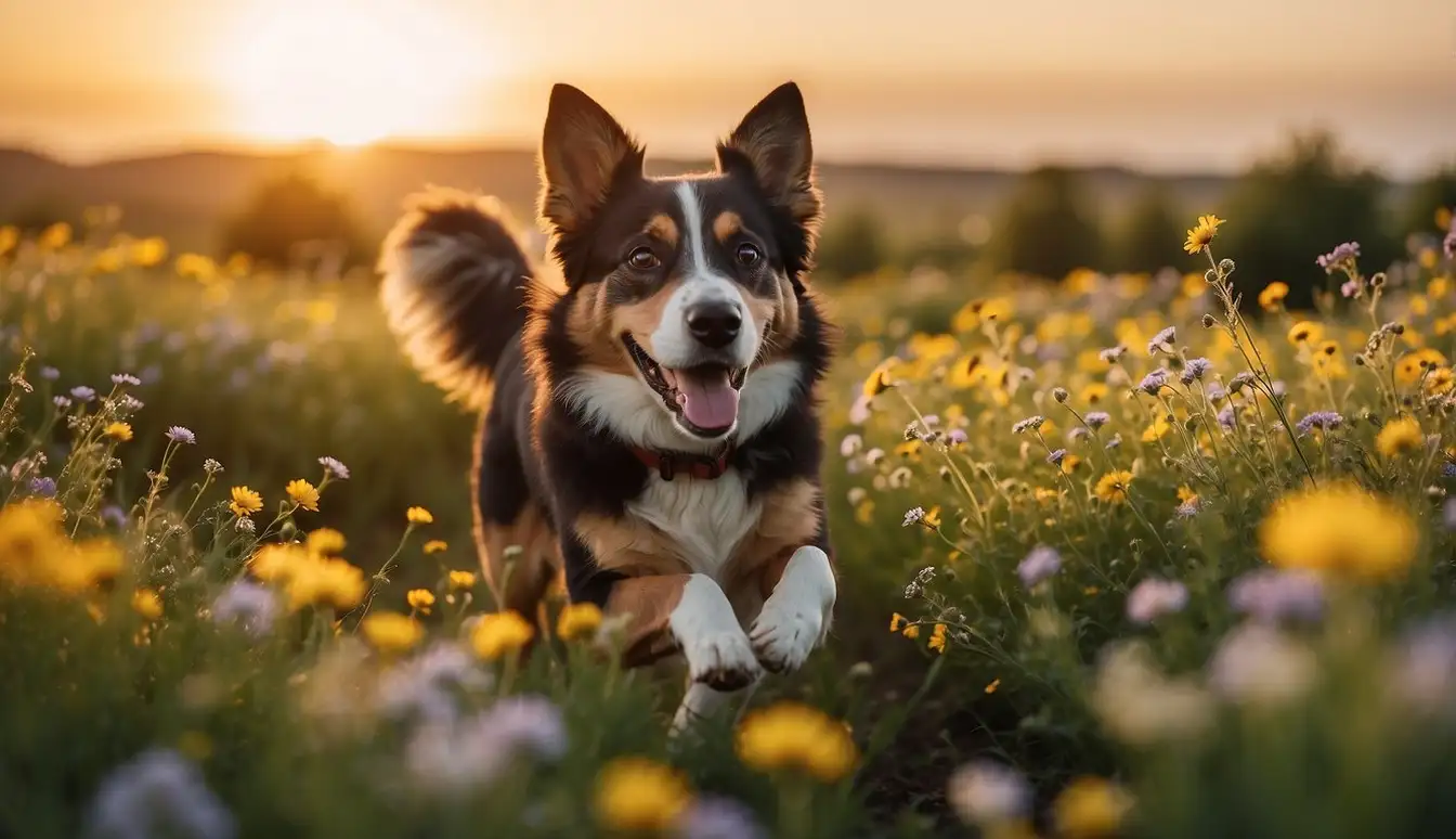 A playful dog running through a field of wildflowers, with the sun setting in the background, capturing the essence of joy and freedom in pet photography