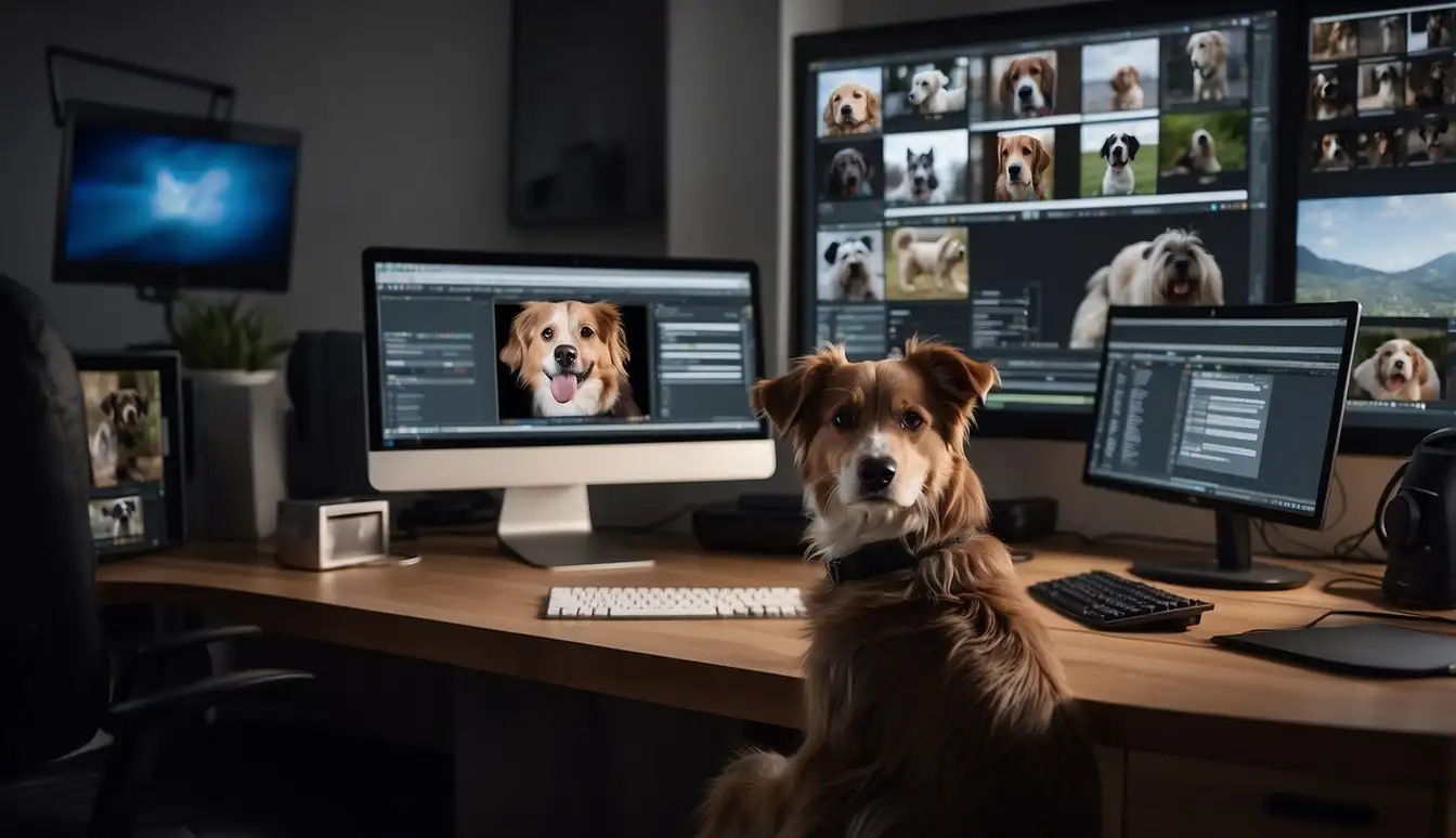 A pet photographer sits at a computer, surrounded by editing software and a variety of pet photos. The screen displays a before-and-after comparison of a dog's portrait, showcasing the post-production and editing techniques used to enhance the image