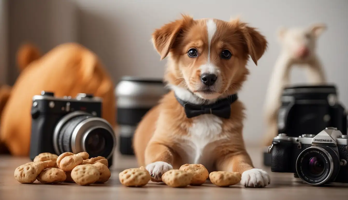 A playful puppy surrounded by various pet photography props and backdrops, with a camera and treats nearby
