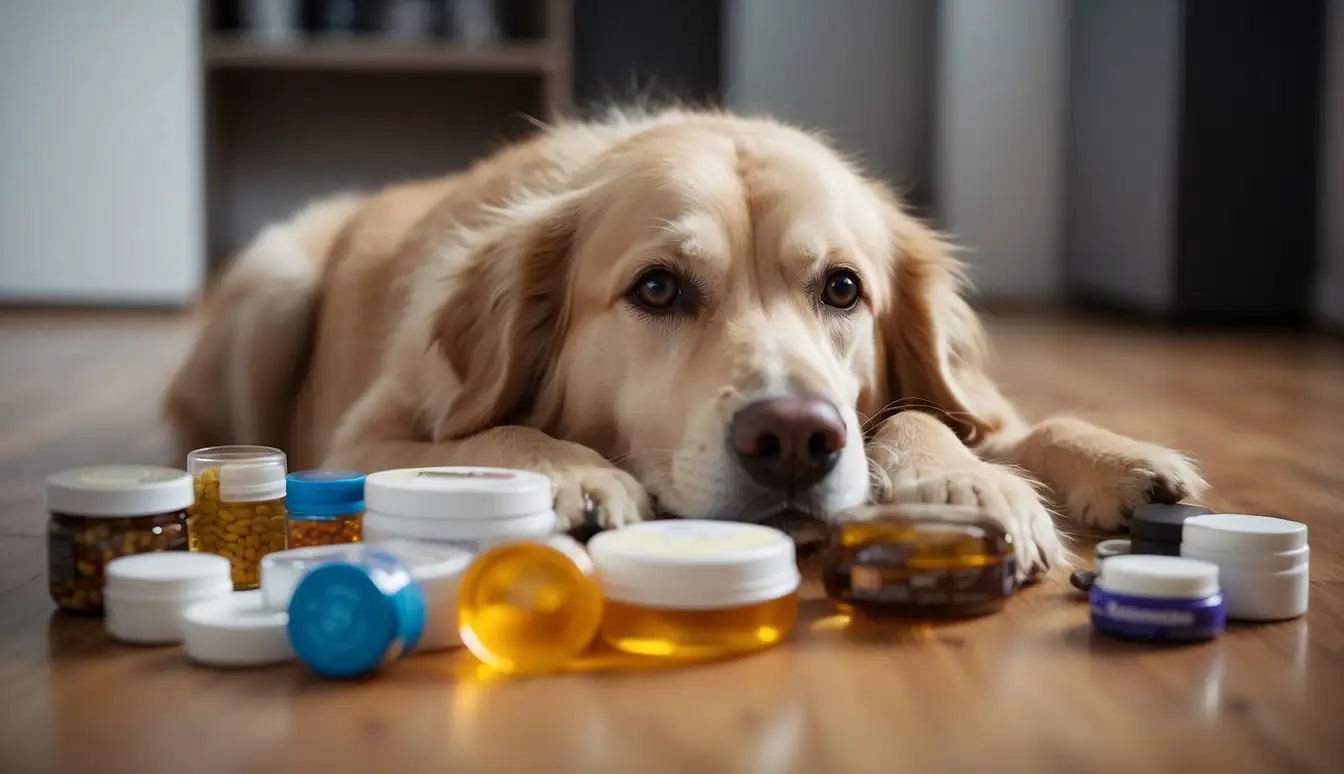 A dog lying on the floor, surrounded by various pet health supplements. The dog appears lethargic and is showing signs of discomfort, such as vomiting and diarrhea