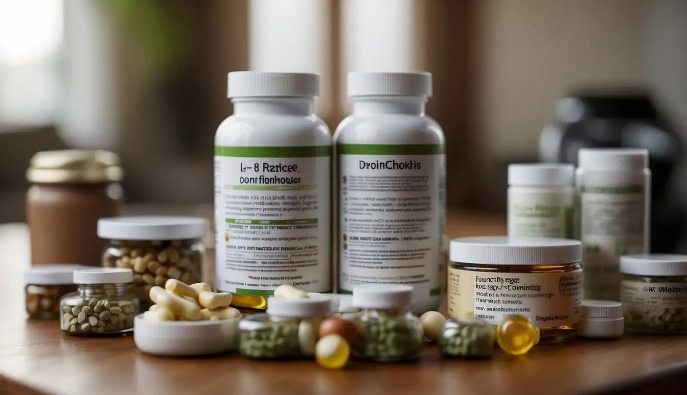 A variety of pet health supplements on a table, with warning labels and dosage instructions visible. A pet displaying signs of overuse, such as lethargy and vomiting, in the background