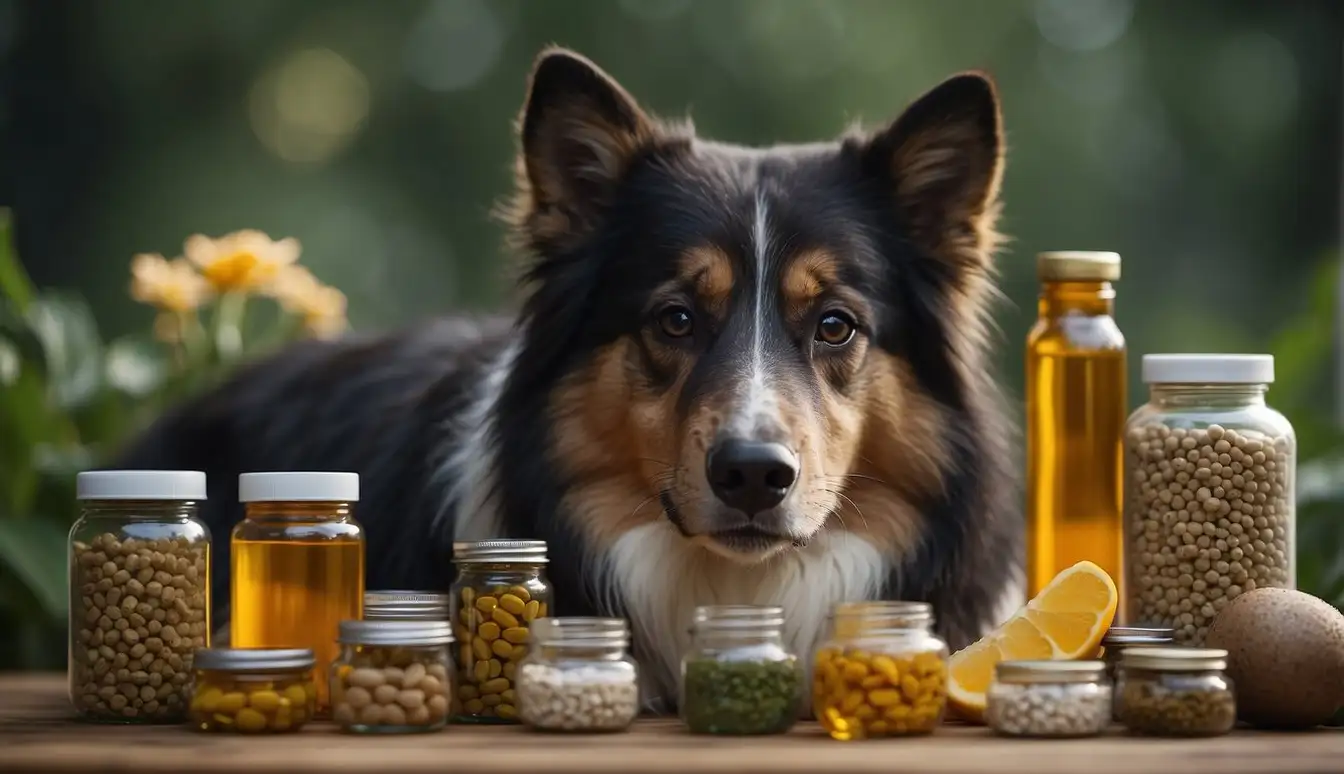 Animals surrounded by various pet health supplements, showing signs of discomfort and distress