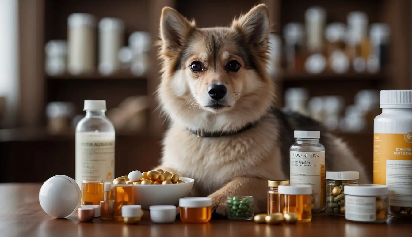 A pet surrounded by various health supplements, with warning labels and information resources in the background