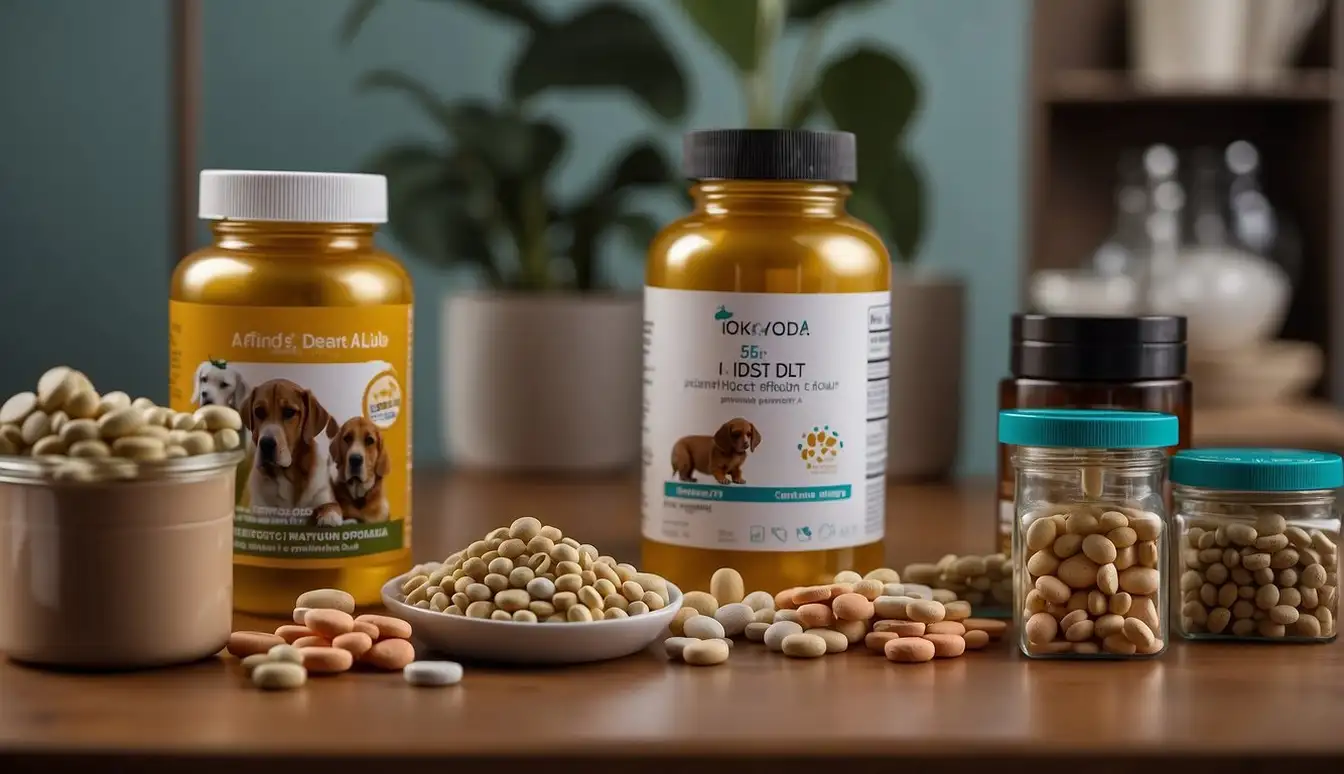 Pets surrounded by various health supplements, some labeled with caution signs. A pet shows signs of discomfort while another appears healthy